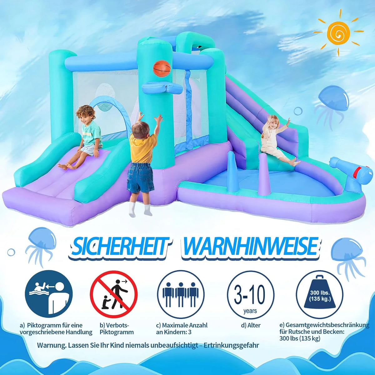 Nadmuchiwana zjeżdżalnia 9 w 1 z dmuchaną zjeżdżalnią wodną z zamkiem do skoków, umywalką natryskową, ścianką wspinaczkową, koszem do koszykówki, pistoletem wodnym, piłką celowniczą i