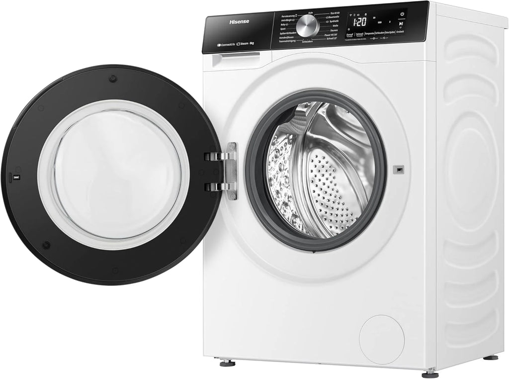 Hisense WF3S8043BW3 pralka z funkcją pary, 8 kg, 1400 obr./min, WiFi, ConnectLife, Power JetWash, program antyalergiczny, Aqua Stop, Auto Wash, Quick Wash, klasa efektywności energetycznej A-30%