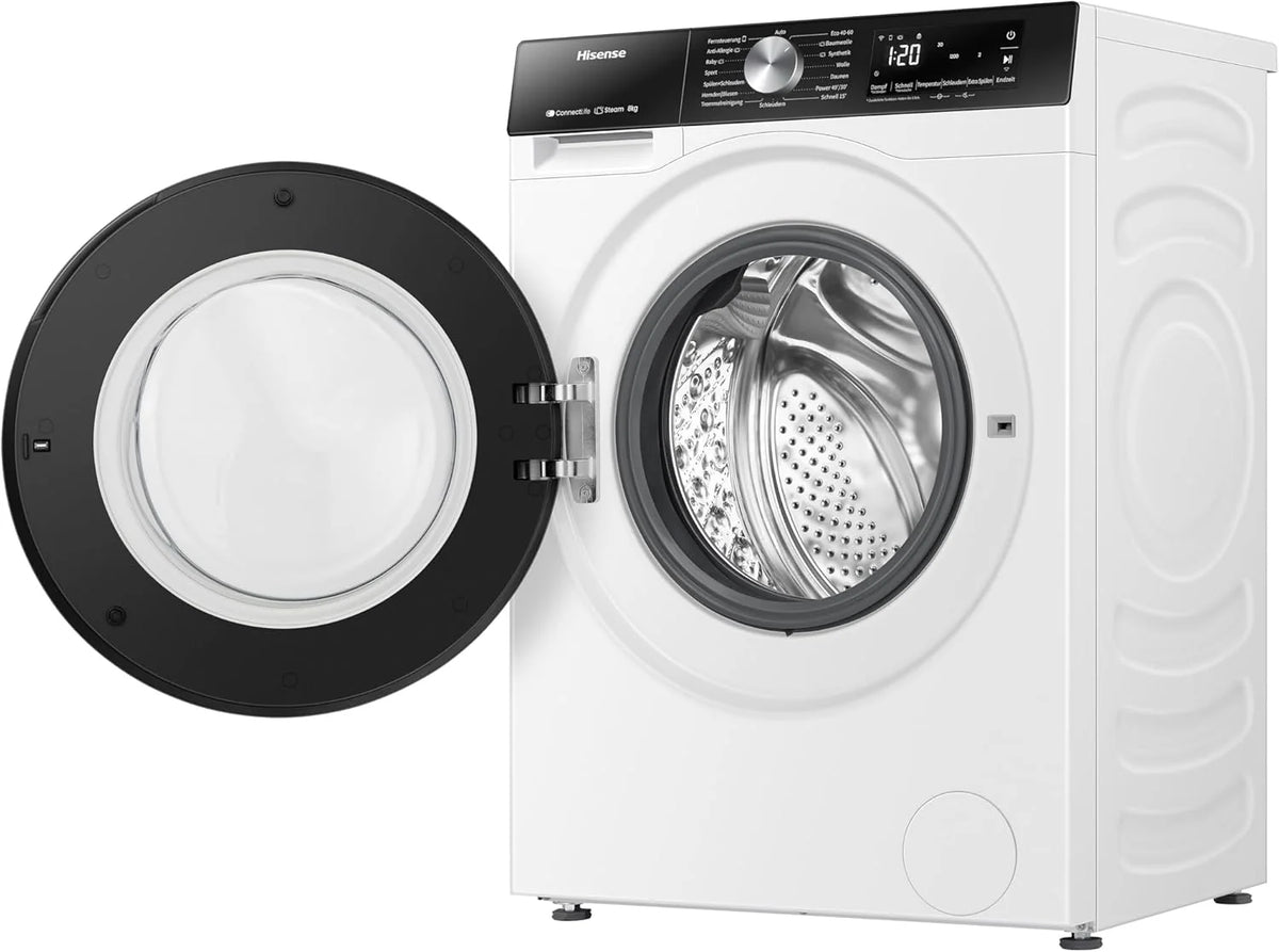 Hisense WF3S8043BW3 pralka z funkcją pary, 8 kg, 1400 obr./min, WiFi, ConnectLife, Power JetWash, program antyalergiczny, Aqua Stop, Auto Wash, Quick Wash, klasa efektywności energetycznej A-30%