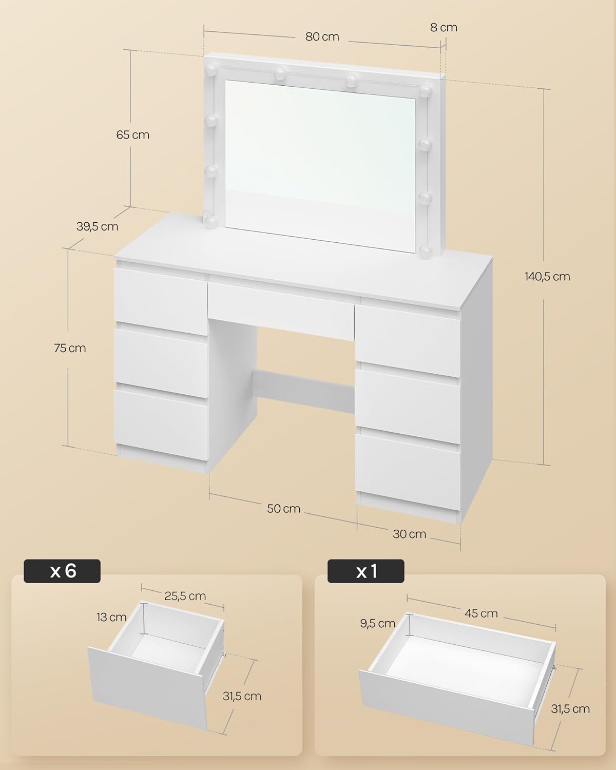 WOLTU MB6124ws Toaletka z oświetleniem i wieloma gniazdkami, toaletka z dużym lustrem LED i 7 szufladami, biurko do makijażu, 110 x 39,5 x 140,5 cm, biała nowoczesna komoda do sypialni