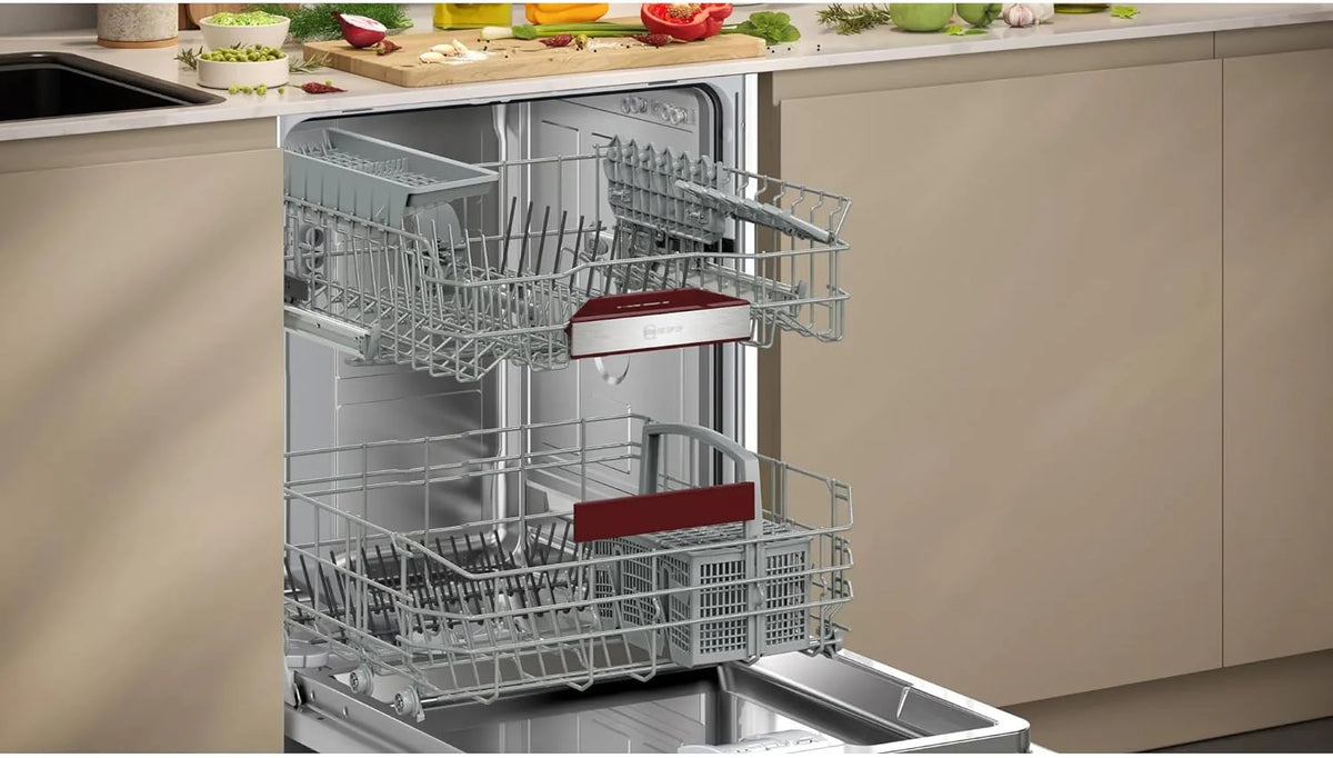 Neff S125EBS16E, N 50, inteligentna zmywarka do naczyń 60 cm, do zmywarki, wyprodukowano w Niemczech, kosz na sztućce, bardzo cichy, otwarty, intensywne czyszczenie w 70ºC, ulubiona, stal