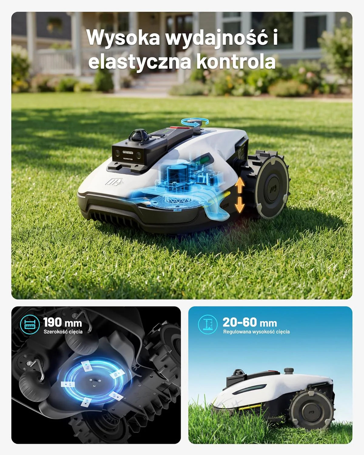 Mammotion YUKA 2000 Kosiarka Automatyczna z zamiatarką, Zalecane 2000 m², maks.2400 m²,i Nachyleniu 45%, UltraSense AI Vision do Auto-Mapowania Wysokość Koszenia 20-90mm Szerokość Koszenia 320mm