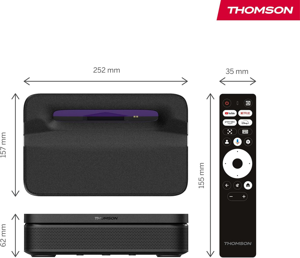 Thomson Sirius PG55B Inteligentny Projektor Laserowy RGB, Bardzo Krótki Rzut, Full HD 1080p, Google TV, 600 ANSI, Autofocus, HDR10+, Dolby Digital+, Bateria, WiFi, Bluetooth