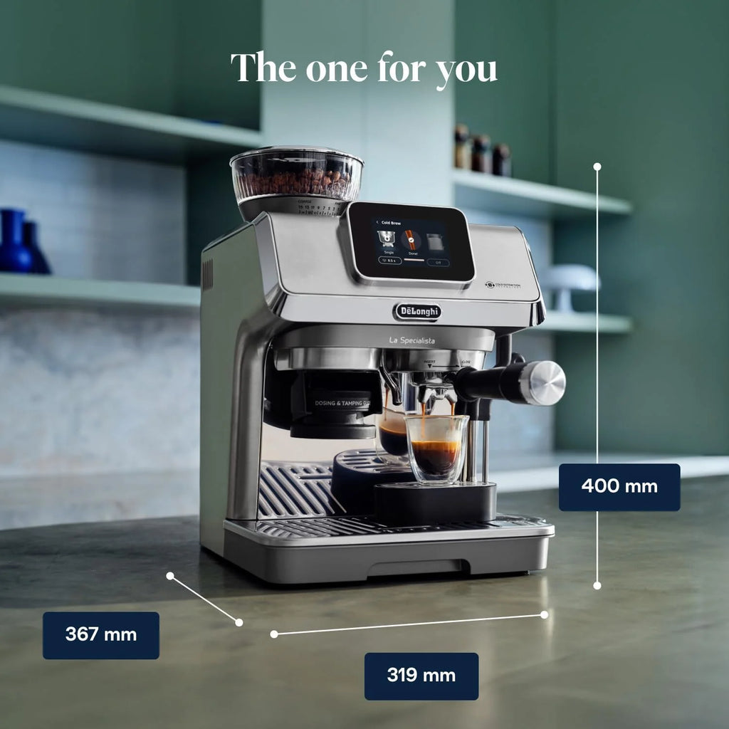 De'Longhi Specjalista dotykowy EC9455.M ekspres do kawy z młynkiem do kawy, funkcja Cold Brew, automatyczne i ręczne spienianie mleka, 10 bezpośrednich przepisów, wyświetlacz dotykowy, w zestawie