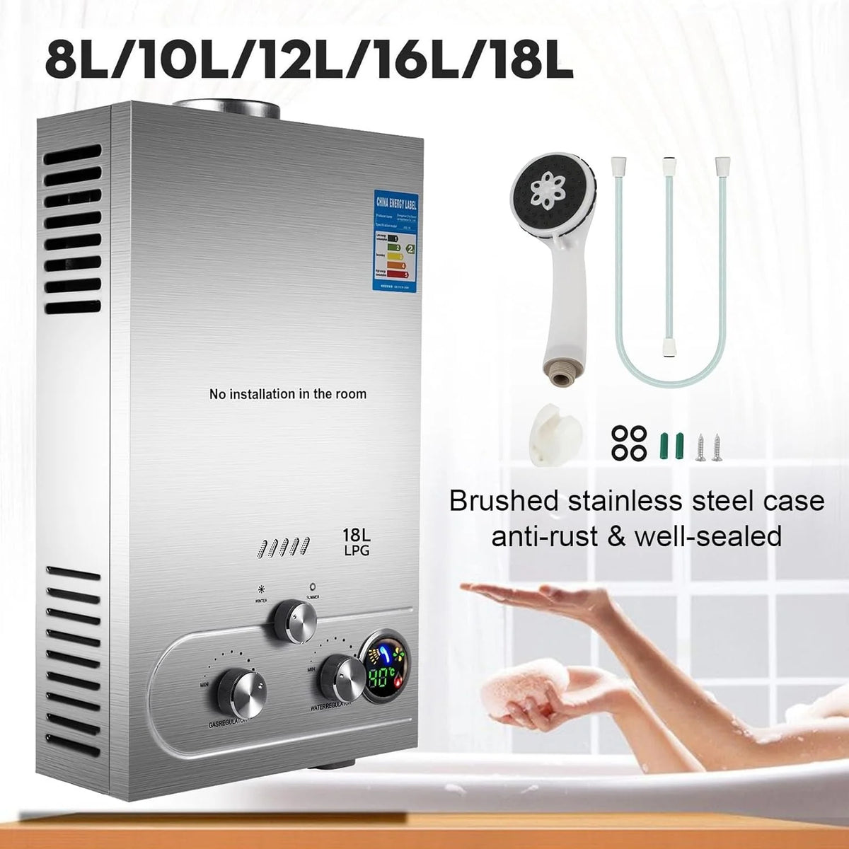 Podgrzewacz wody LPG 6L 8L 10L 12L 16L 18L LPG skroplony gaz ropopochodny propan butan podgrzewacz wody zestaw kotła ze stali nierdzewnej(10L (liquefied gas))