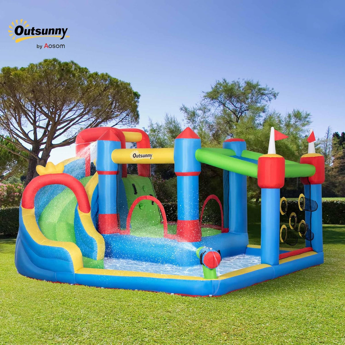 Outsunny Dmuchany zamek, park wodny, nadmuchiwany zamek z dmuchawą, centrum zabaw wodnych, w zestawie zjeżdżalnia wodna, trampolina, ścianka wspinaczkowa, dla dzieci od 3 lat, do użytku wewnątrz i na