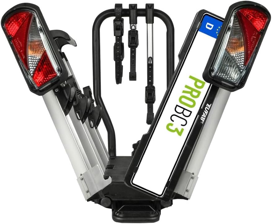 EUFAB 11602 ProBC3 bagażnik rowerowy na 3 rowery/rowery elektryczne, obciążenie użytkowe 60 kg, wstępnie zmontowany, składany za pomocą pedału nożnego, możliwość rozszerzenia na 4, szyny aluminiowe
