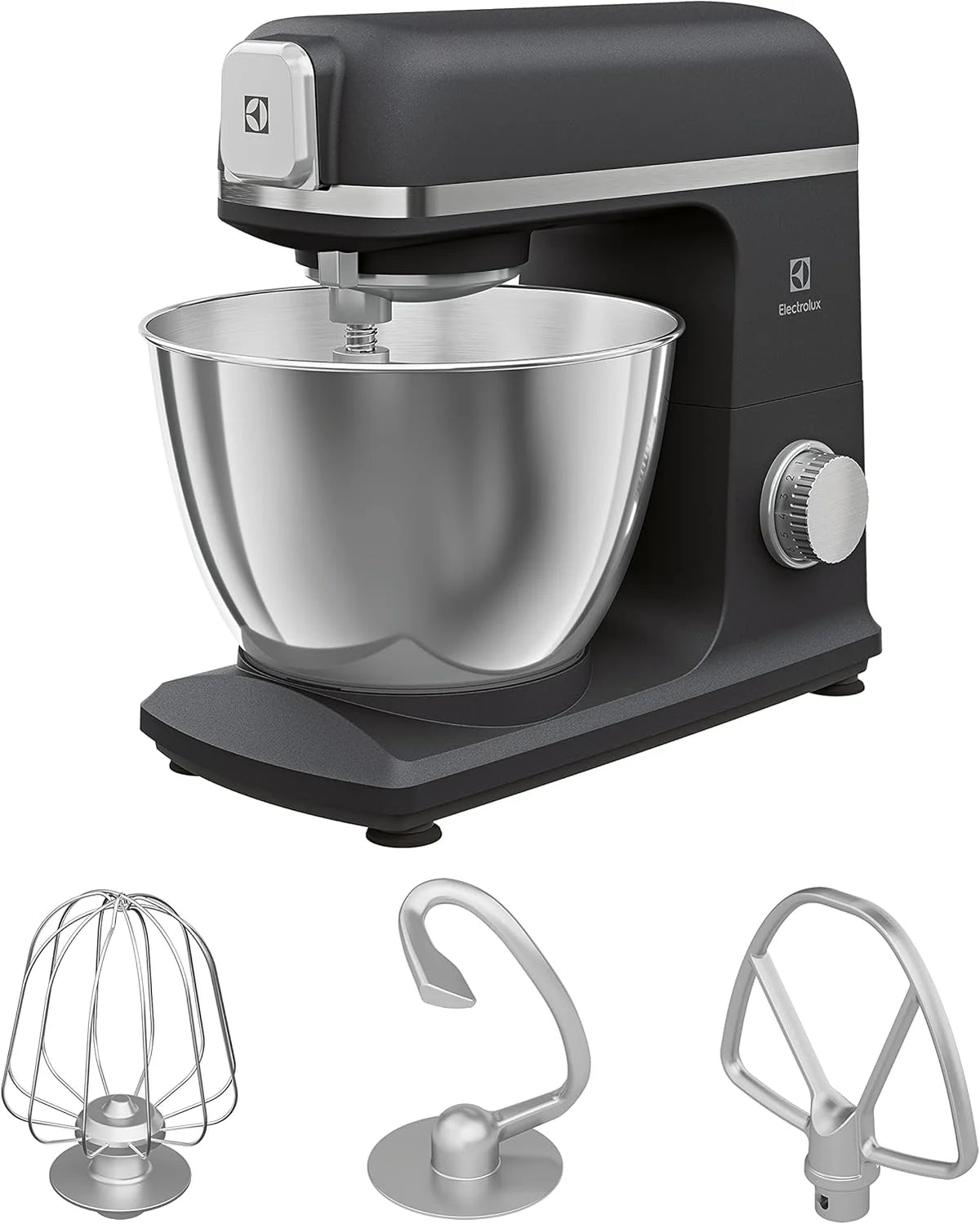 Electrolux Robot Kuchenny 1200 W, 10 prędkości + f. pulsacyjna, Oświetlenie LED misy, 2 misy o pojemności 4,8l i 2,9l, W Zestawie: Hak, Trzepaczka, Ubijaczka, Silikonowa Łyżka, Pokrywa, EKM5570,Beżowy