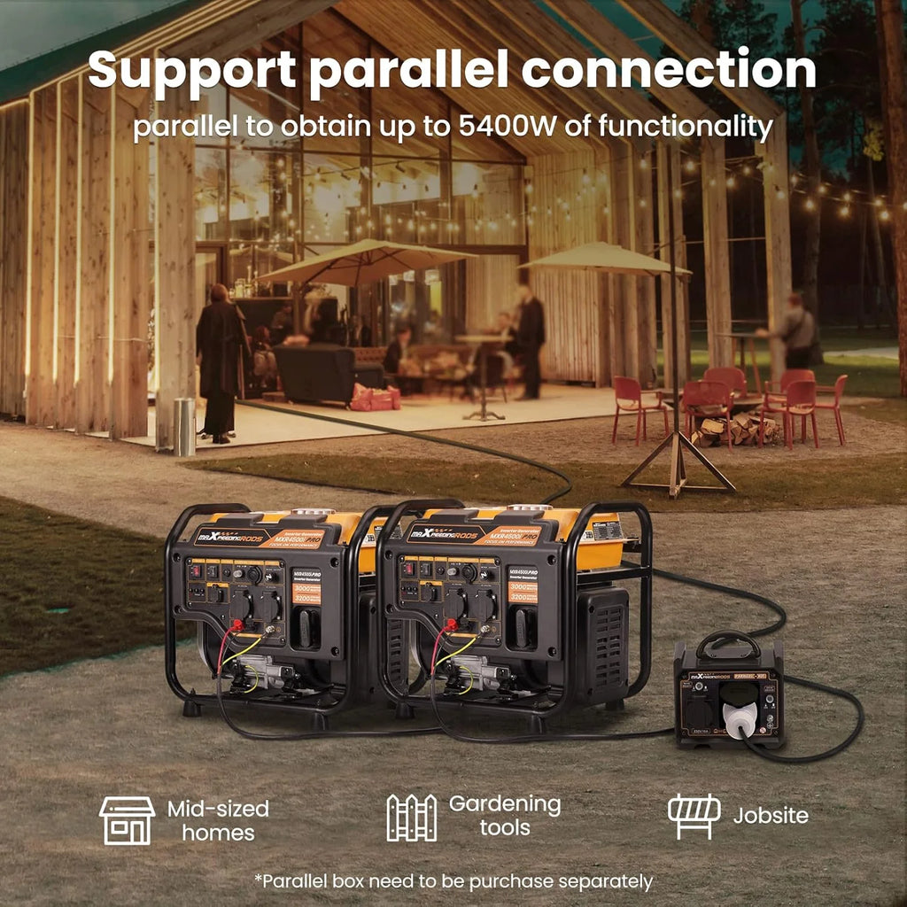 Generator inwerterowy 3200 W, benzynowy, 4-suwowy zasilacz awaryjny z funkcją równoległości, z wyjściami AC/DC/USB do ogrodu, miejsca pracy, domu, garażu i wielu innych