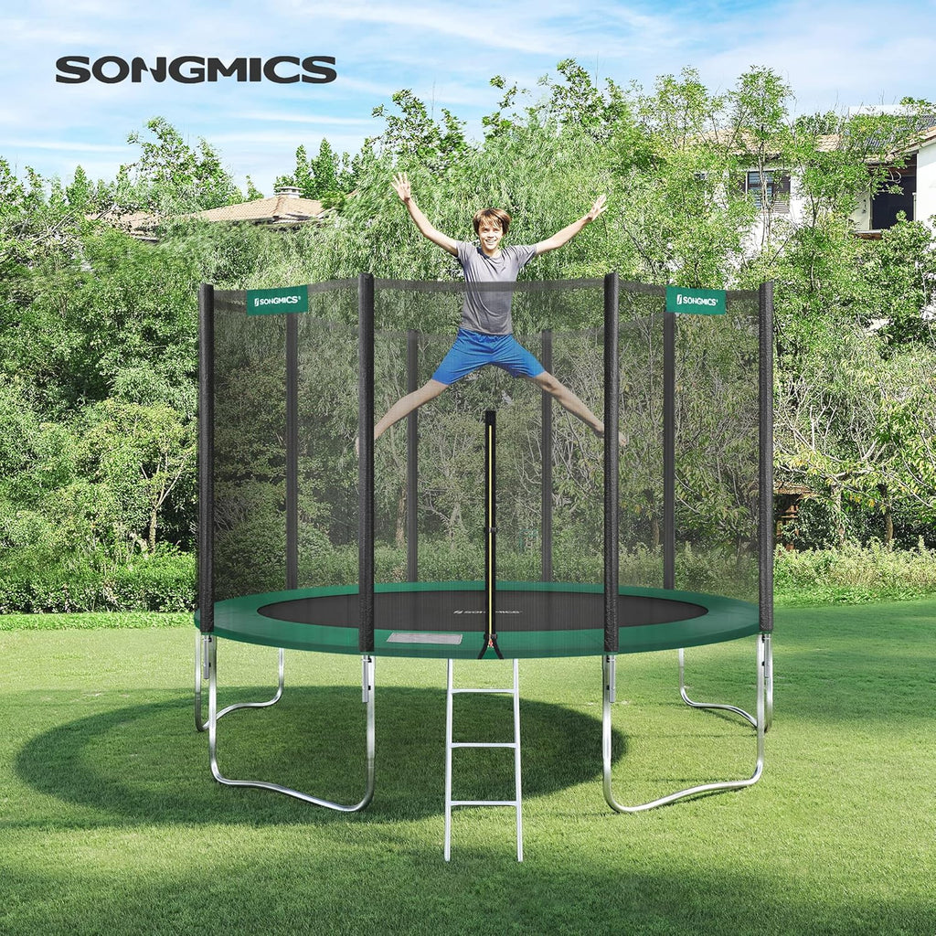 SONGMICS Trampolina ogrodowa o średnicy 183/244/305/366/427 cm, z siatką zabezpieczającą, drabinką i wyściełanymi drążkami, osłona bezpieczeństwa, zewnętrzna