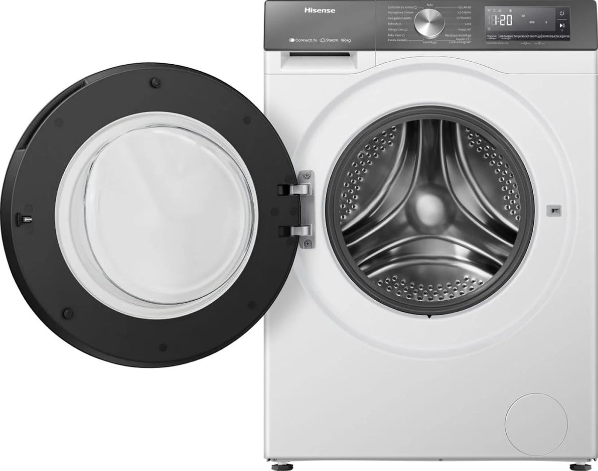 Hisense WD3S9043BW7 pralko-suszarka 9 + 6 kg, 1400 obr./min, 15 programów automatycznych, silnik inwerterowy, klasa energetyczna A-30%/D, wyświetlacz LED, szary, WiFi