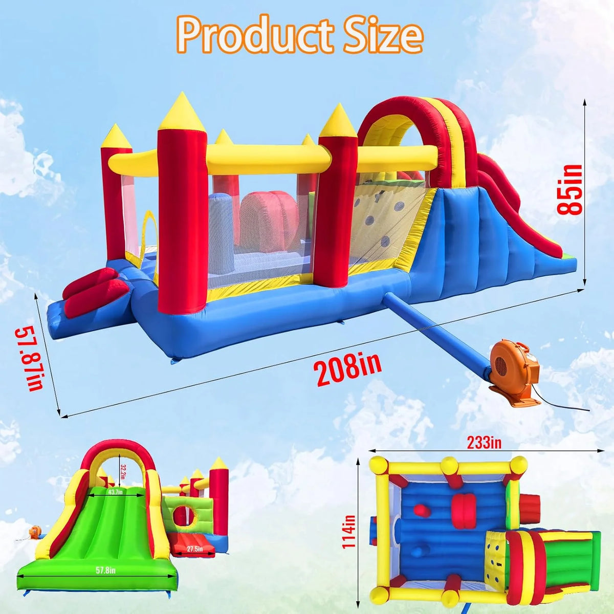 Ballsea Zamek dmuchany XXL – ogromny nadmuchiwany zamek z dużą zjeżdżalnią i trampoliną, 592 x 290 x 216 cm – idealny na urodziny dziecka i do ogrodu (bez dmuchawy)