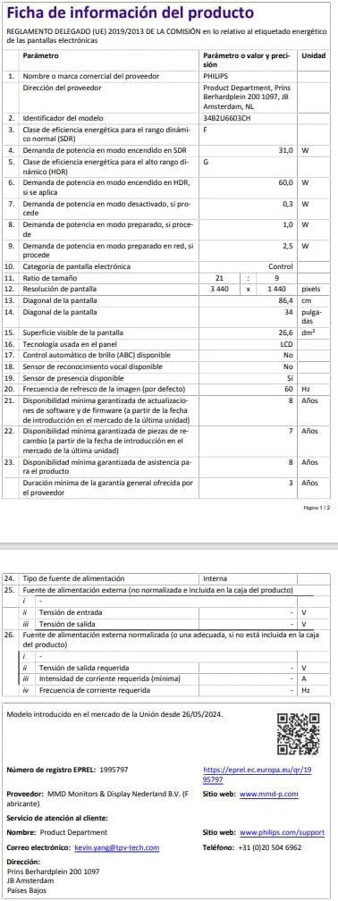 PHILIPS 6000 series 34B2U6603CH/00 monitor komputerowy 86,4 cm (34) 3440 x 1440 px Wide Quad HD LCD Szary