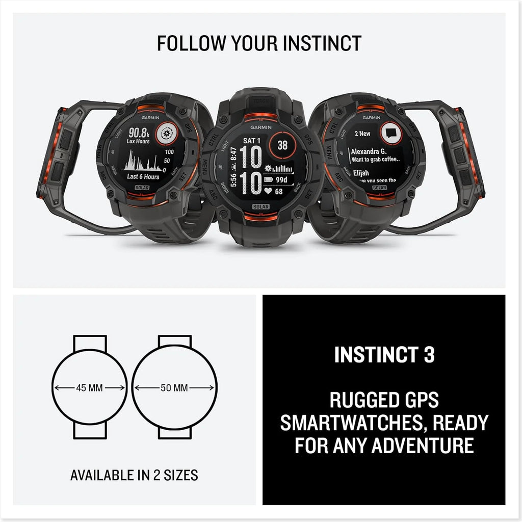 Garmin Instinct 3 SOLAR Wytrzymały Smartwatch GPS, 45 mm, Wbudowane Aplikacje Sportowe i Zdrowotne, Latarka LED, 10ATM, Sunburst