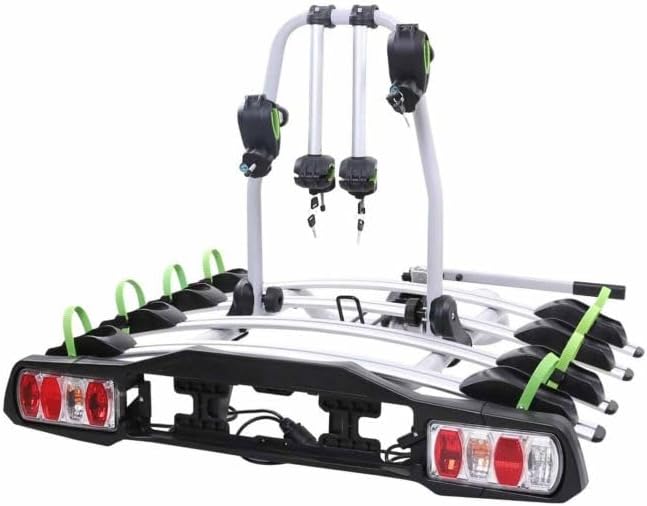GEPCO Bagażnik rowerowy na 4 rowery do 60 kg, na hak holowniczy, składany, składany, zamykany, z tylnym światłem E4, wstępnie zmontowany, aluminiowy, do transportu rowerów
