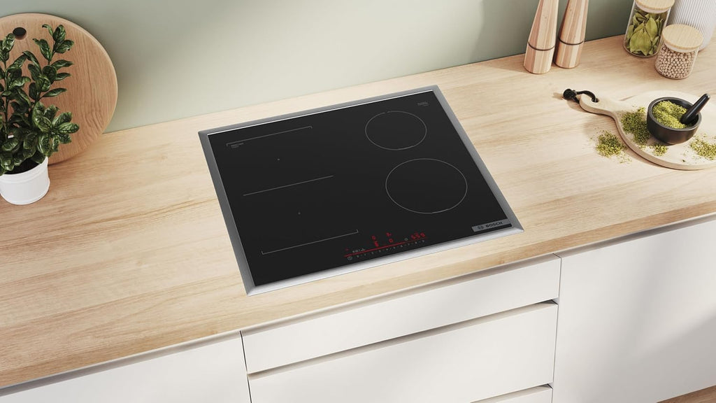 Bosch PVS645HB1E seria 6 inteligentna płyta indukcyjna (samowystarczalna), szerokość 60 cm, połączenie dwóch ogrodów zoologicznych, rama obwodowa, sterowanie okapem na podstawie płyty grzewczej