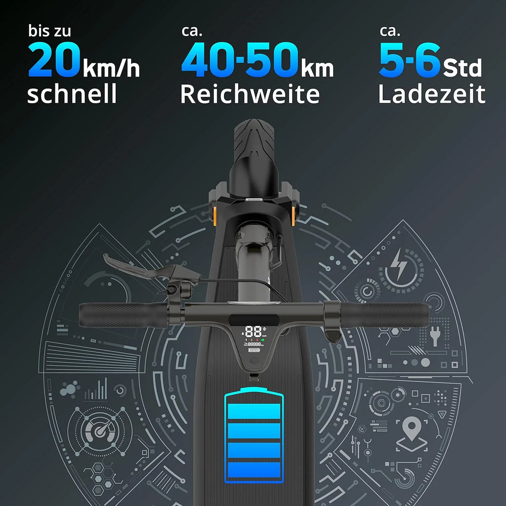 Odys Składany skuter elektryczny z dopuszczeniem do ruchu drogowego i przyłączeniowym (w zależności od modelu, zasięg do 100 km i do 140 kg masy całkowitej, opony powietrzne, maks. 20 km/h, układ