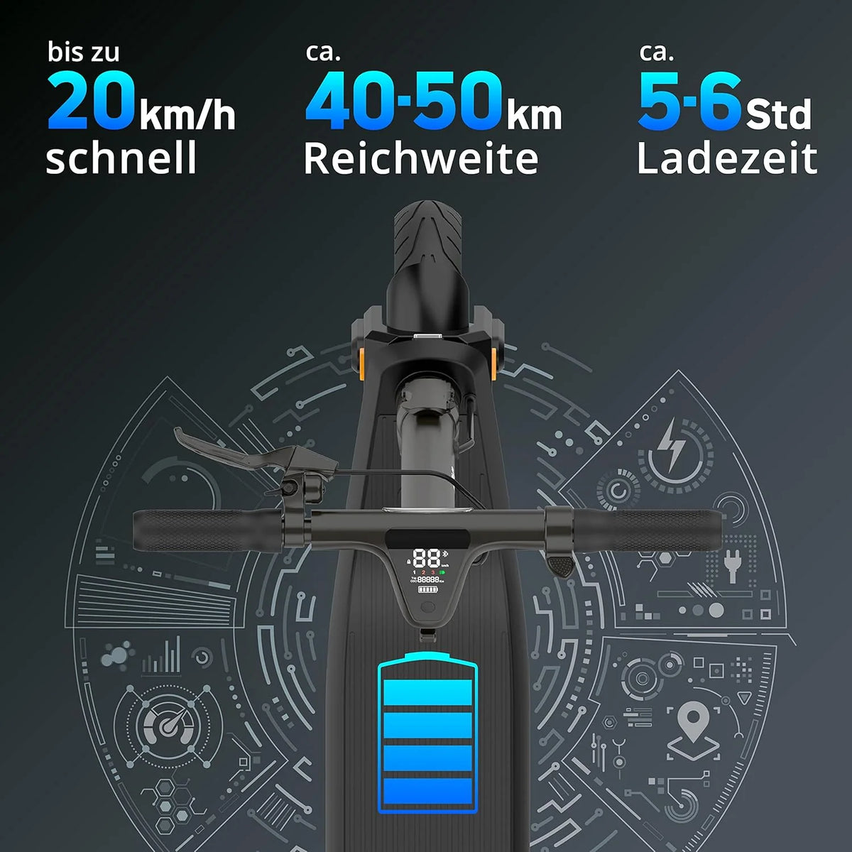 Odys Składany skuter elektryczny z dopuszczeniem do ruchu drogowego i przyłączeniowym (w zależności od modelu, zasięg do 100 km i do 140 kg masy całkowitej, opony powietrzne, maks. 20 km/h, układ