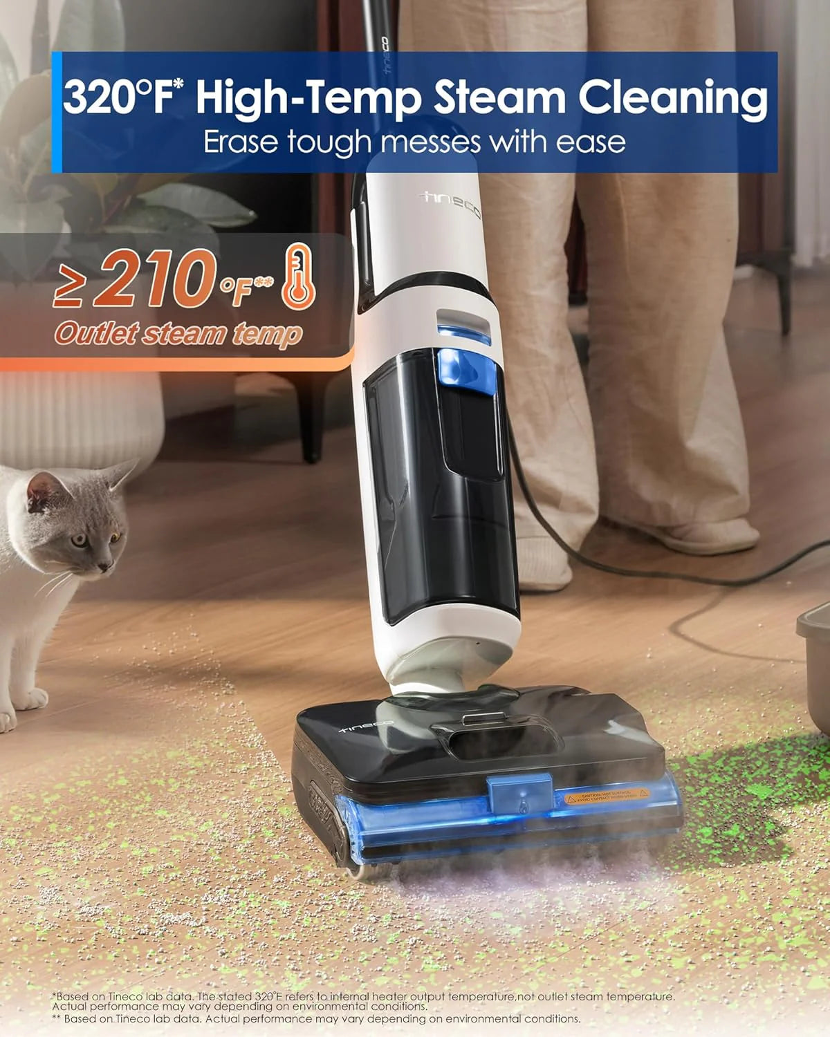 Tineco Odkurzacz parowy FLOOR ONE S6 Stretch Steam, czyszczenie parowe w wysokiej temperaturze 160 ℃, płaska pozycja 180°, automatyczne czyszczenie FlashDry, kabel o długości 8,3 m