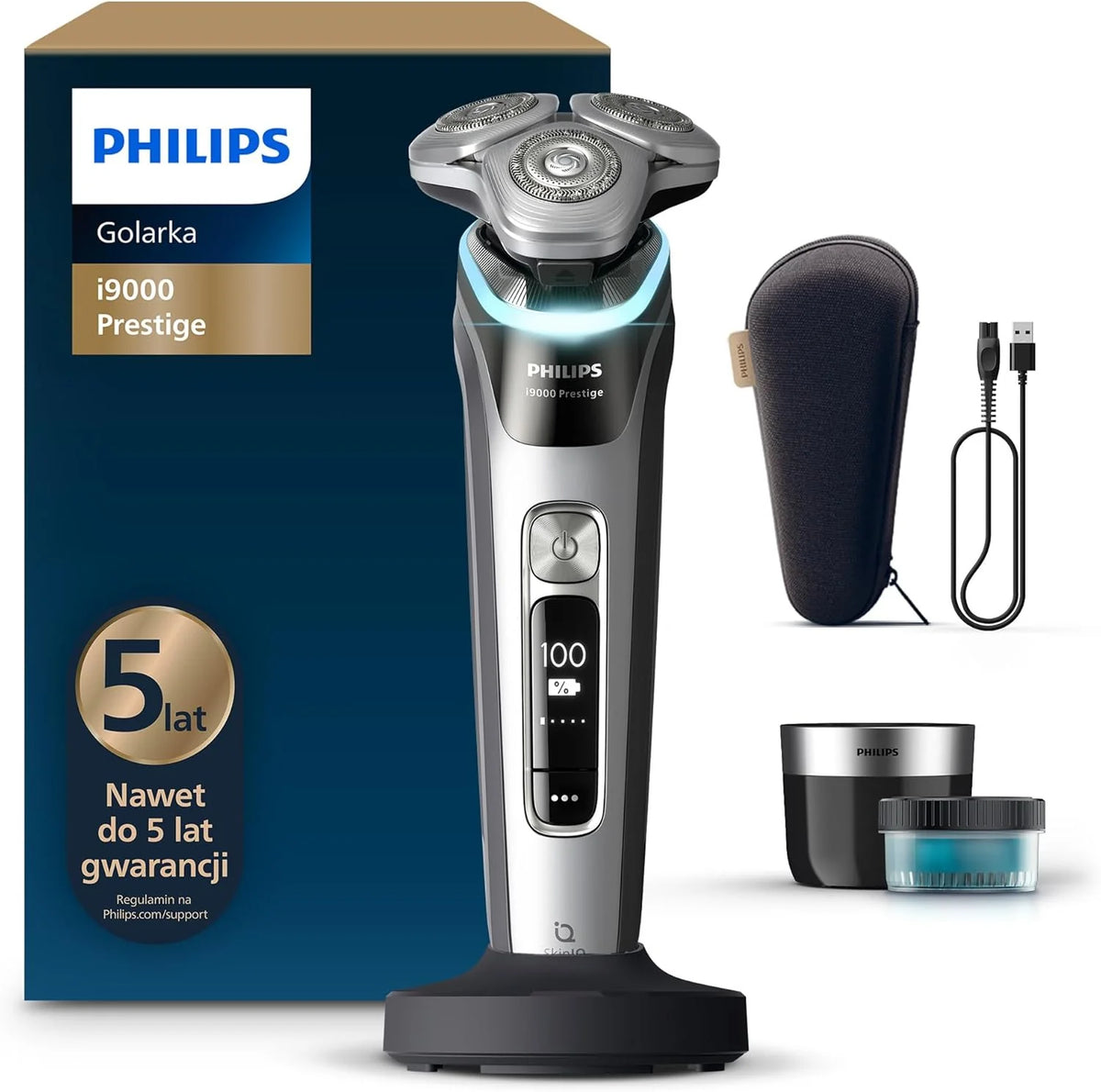 Philips Shaver i9000 Prestige, golarka elektryczna do golenia na sucho i mokro z technologią Skin IQ, System Triple Lift & Cut, podwójne ostrza SteelPrecision 360º, Model XP9205/30