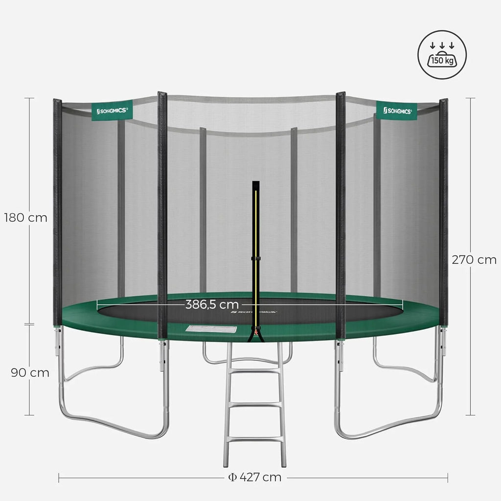 SONGMICS Trampolina ogrodowa o średnicy 183/244/305/366/427 cm, z siatką zabezpieczającą, drabinką i wyściełanymi drążkami, osłona bezpieczeństwa, zewnętrzna