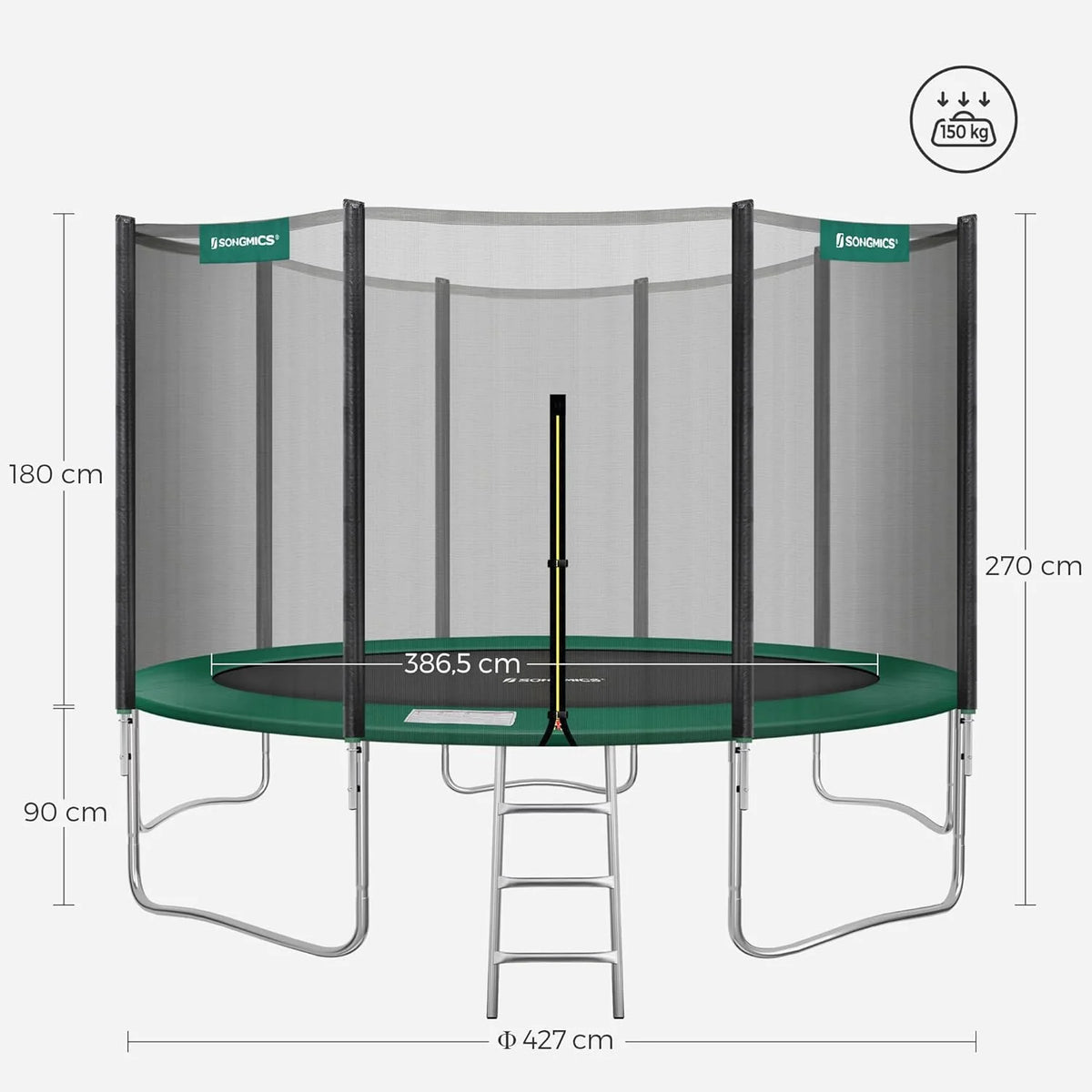 SONGMICS Trampolina ogrodowa o średnicy 183/244/305/366/427 cm, z siatką zabezpieczającą, drabinką i wyściełanymi drążkami, osłona bezpieczeństwa, zewnętrzna