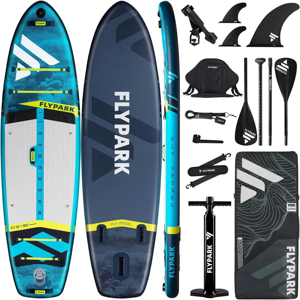 Flypark 10'8/11'x35'' wędkarstwo i rodzinne stabilne nadmuchiwane deski wiosłowe, bardzo szerokie nadmuchiwane deski SUP, łożysko 195 kg, deska do wiosłowania stojącego, uchwyt na aparat, pasek na
