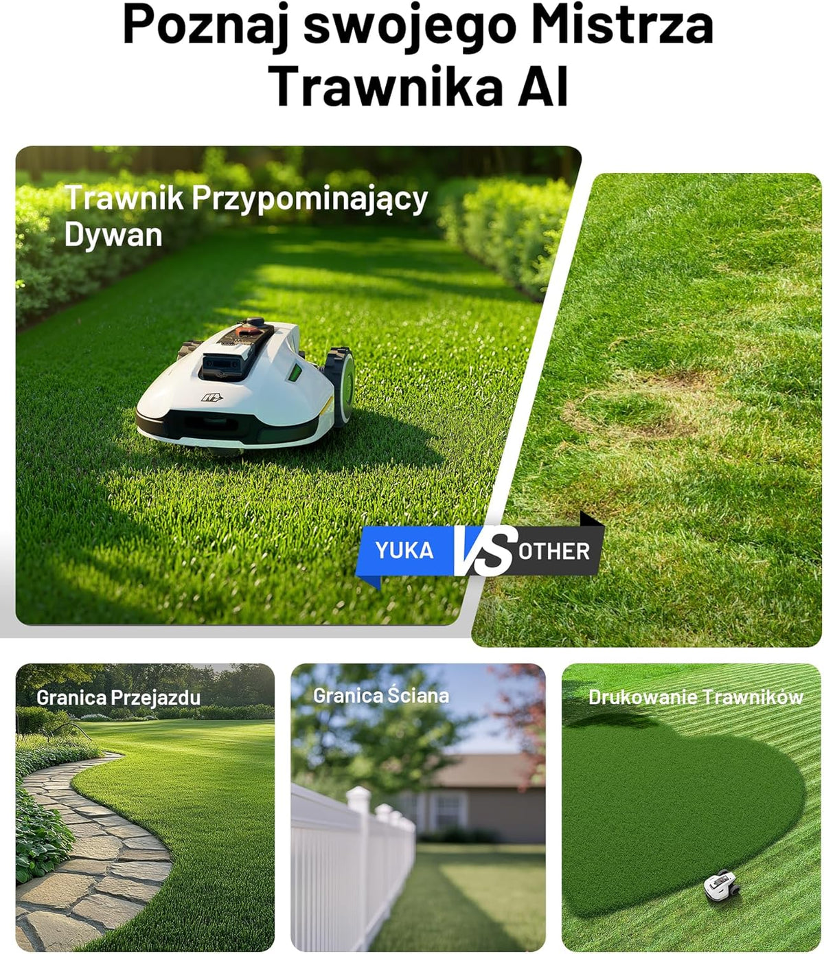 Mammotion YUKA 2000 Kosiarka Automatyczna z zamiatarką, Zalecane 2000 m², maks.2400 m²,i Nachyleniu 45%, UltraSense AI Vision do Auto-Mapowania Wysokość Koszenia 20-90mm Szerokość Koszenia 320mm