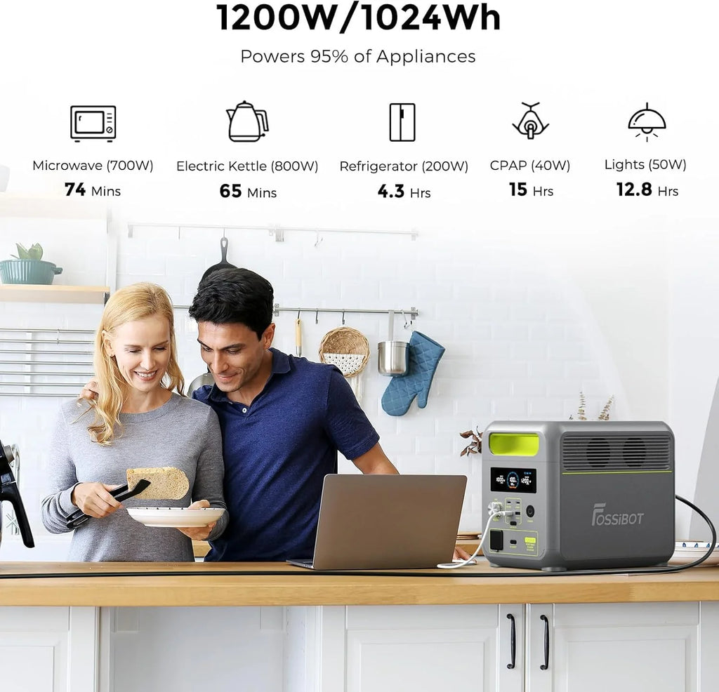FOSSiBOT-Polska VAT 23% przenośna stacja zasilania F1200 1024Wh 1200W Wyposażony 200W panel słoneczny 5-letnia gwarancja