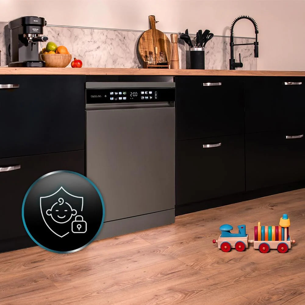 Cecotec Zmywarka do zabudowy Bolero Aguazero 6210 Dark D. 60 cm, 15 koców, klasa D, Display Color, trzecia taca, 14programy, podwójna strefa, elektroniczny Aquastop, regulowana taca, AutoClean