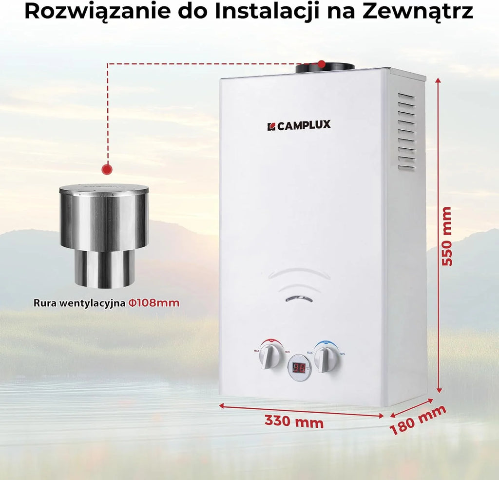 CAMPLUX 10 litrów gazowy podgrzewacz wody z pompą wodną BW264BCP120-DE, bezzbiornikowy zewnętrzny prysznic gazowy do mycia koni/kemping/podróży RV, 50mbar, LPG