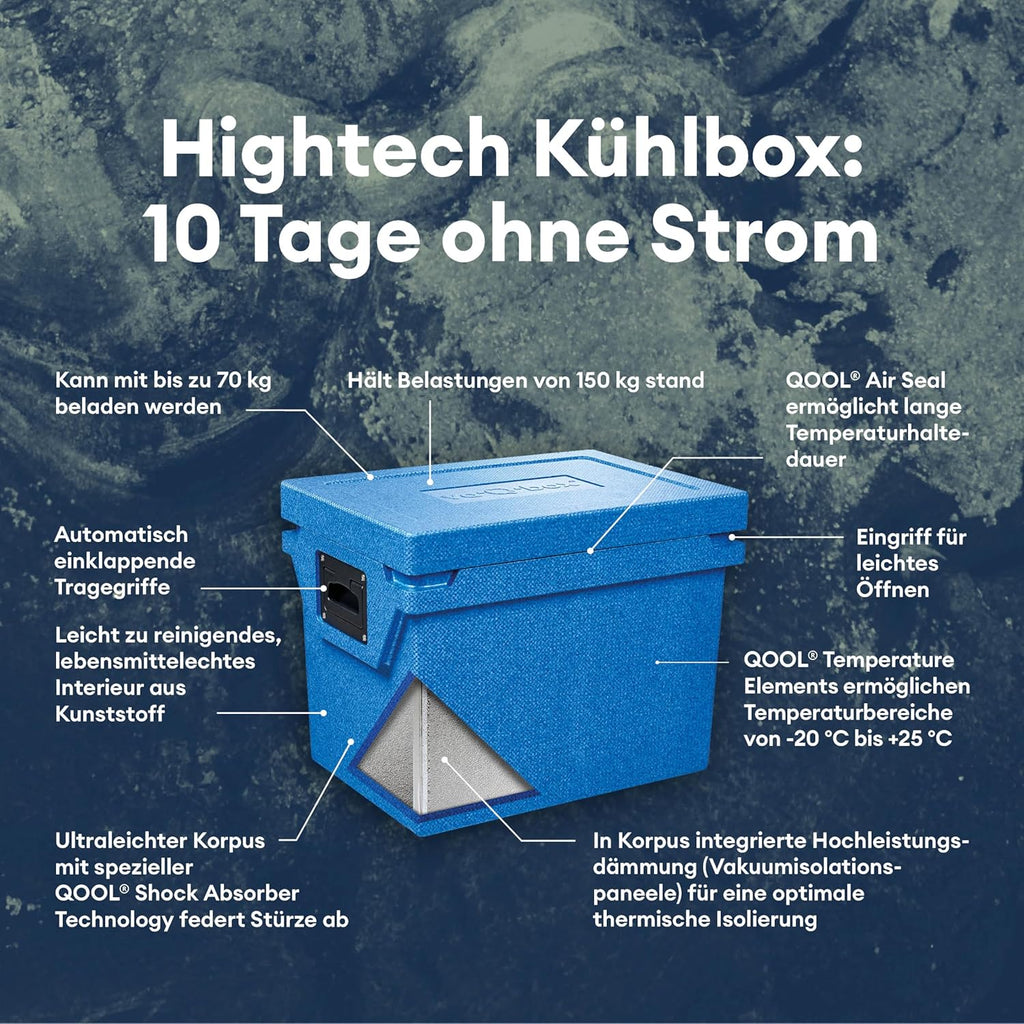 QOOL Lodówka podróżna 43 l, Made in Germany, zaawansowana technologia, bez prądu, samodzielna do 10 dni, do chłodzenia lub zamrażania