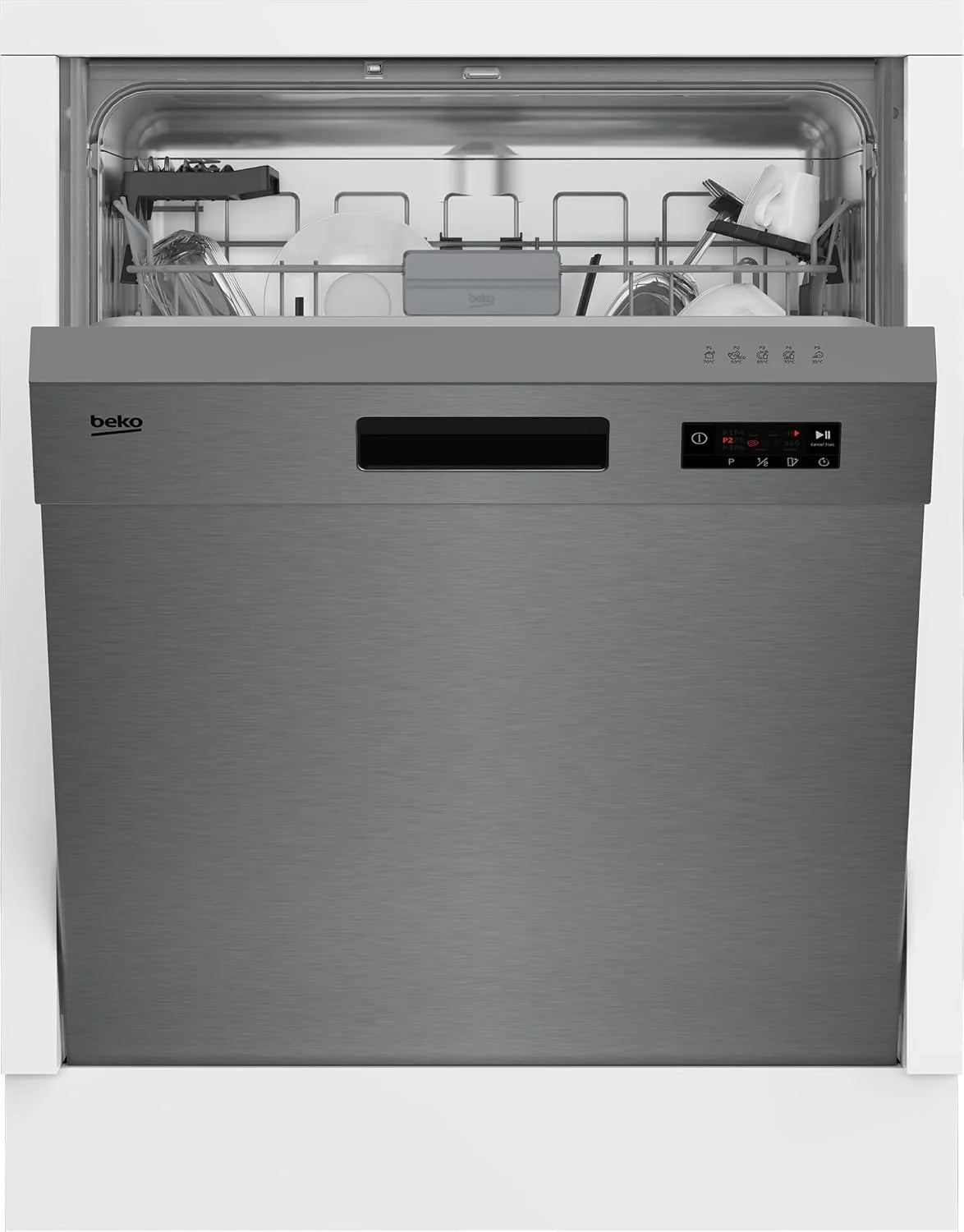 Beko BDIN16430 b300 zmywarka do zabudowy 60 cm w pełni zintegrowana, na 14 nakryć wymiarowych, 3 poziomy zmywania, 5 temperatur, 6 programów, połowa obciążenia, automatyczne otwieranie drzwi,