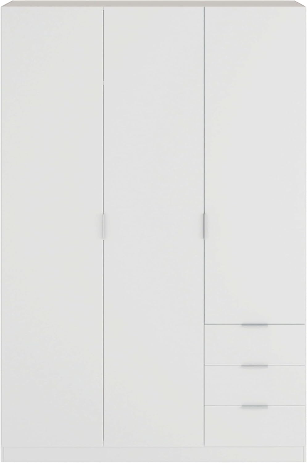 Szafa ubraniowa Habitdesign z trzema drzwiami i trzema szufladami, wykończenie w kolorze Artic White, wymiary: 121 cm (szer.) x 180 cm (wys.) x 52 cm (gł.)