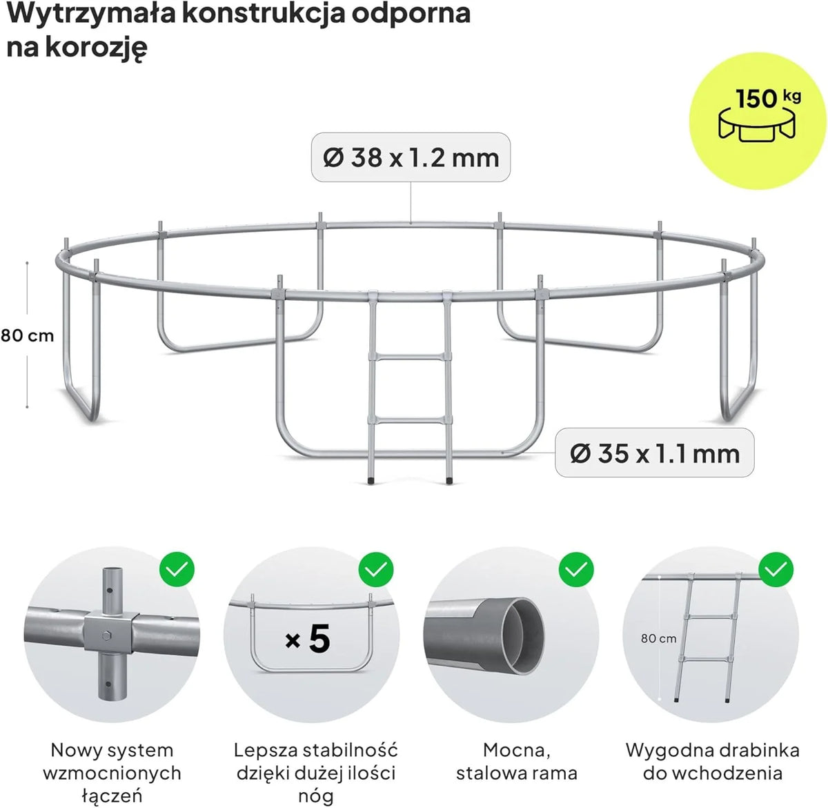 ZIPRO JumpPro IN Trampolina Ogrodowa, Trampolina dla Dzieci, z Siatką Wewnętrzną, Odporna na Warunki, Ochrona UV, Udźwig 100-150 kg, Ø 183/252/312/374/435/496 cm