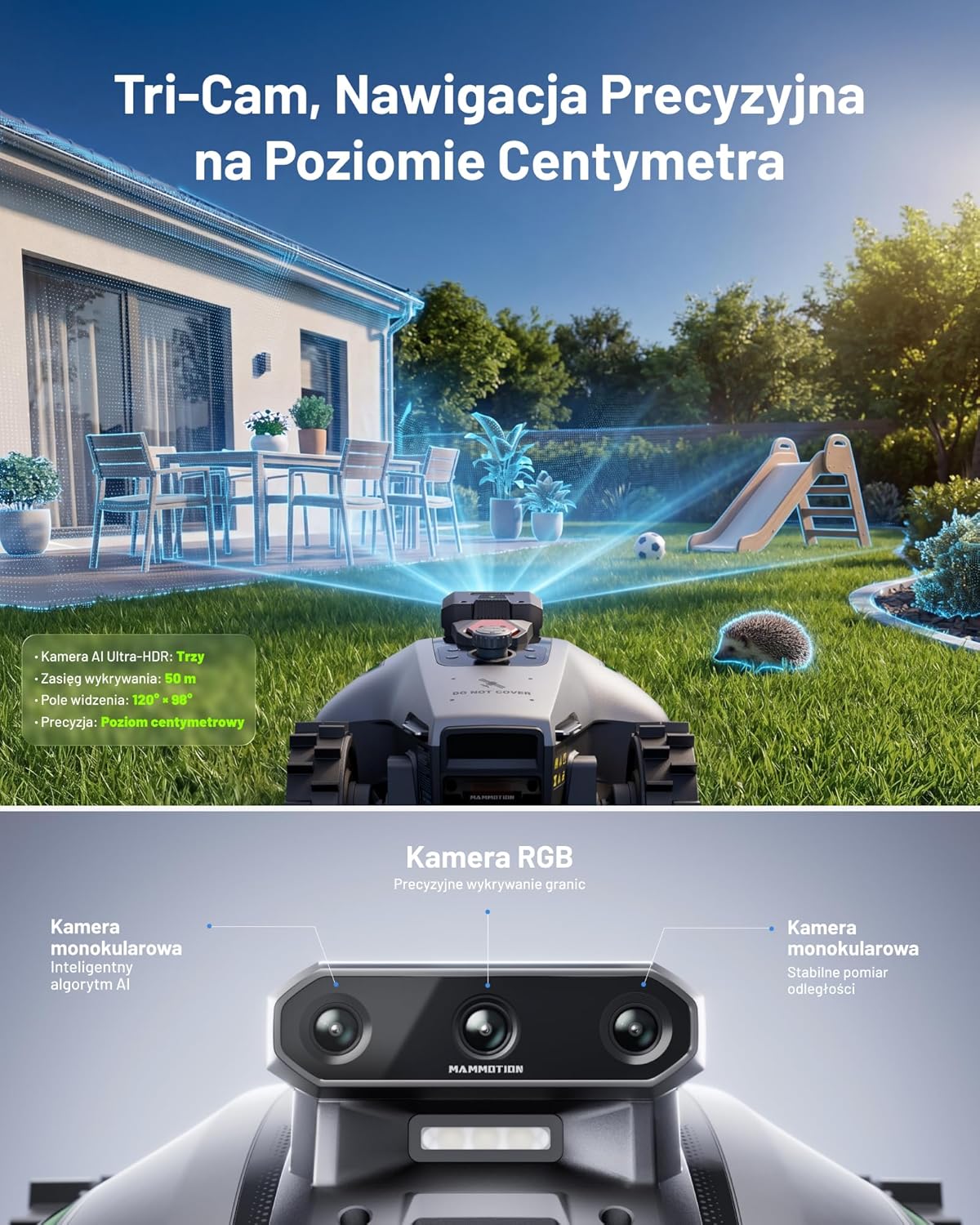 Mammotion YUKA 2000 Kosiarka Automatyczna z zamiatarką, Zalecane 2000 m², maks.2400 m²,i Nachyleniu 45%, UltraSense AI Vision do Auto-Mapowania Wysokość Koszenia 20-90mm Szerokość Koszenia 320mm