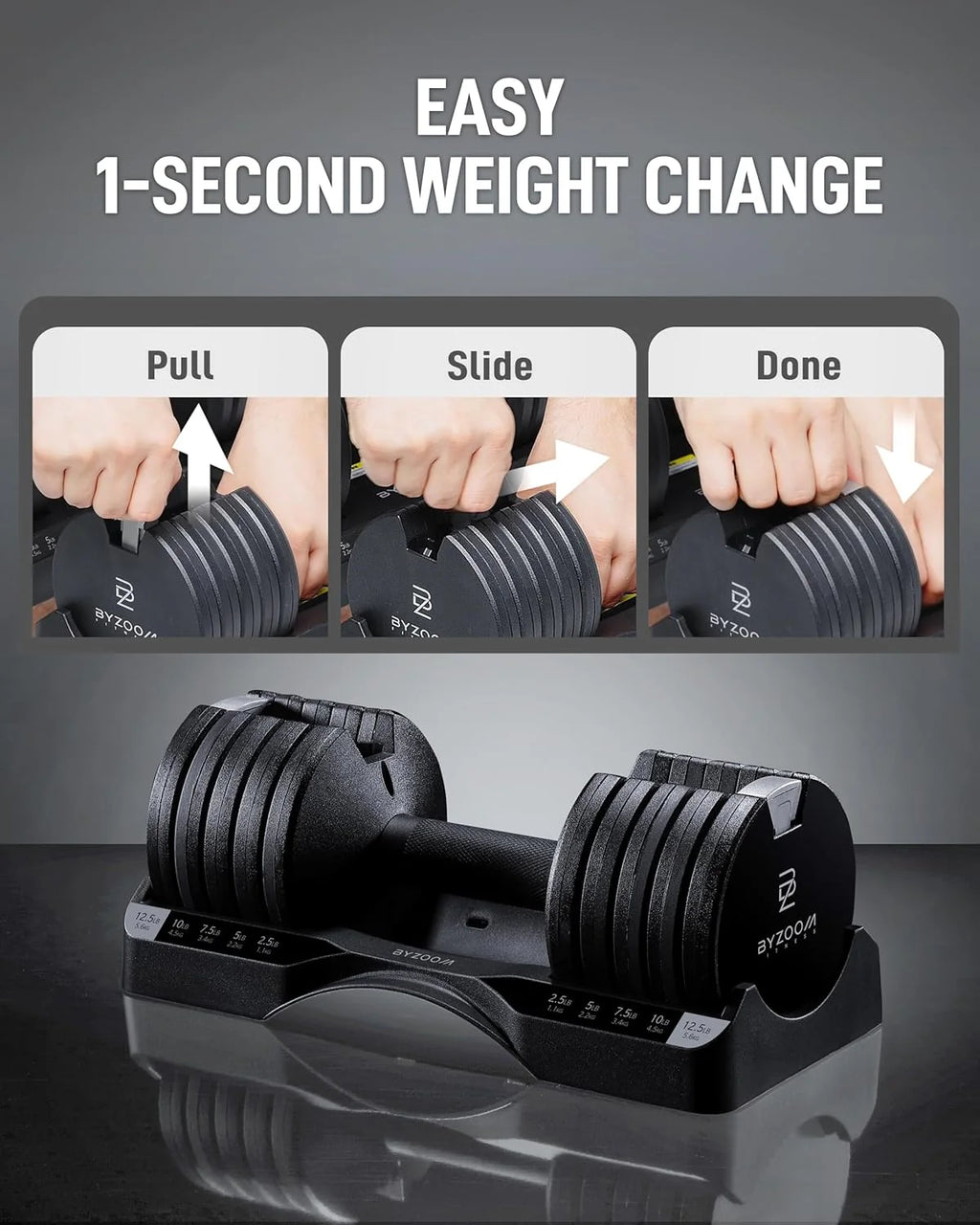 BYZOOM FITNESS Regulowane hantle – 12,5/11,3 kg pojedyncza jednostka LUB zestaw 5-12,7 cm - 1 regulowana waga do domowej siłowni, treningu siłowego i treningów fitness, biały lub czarny