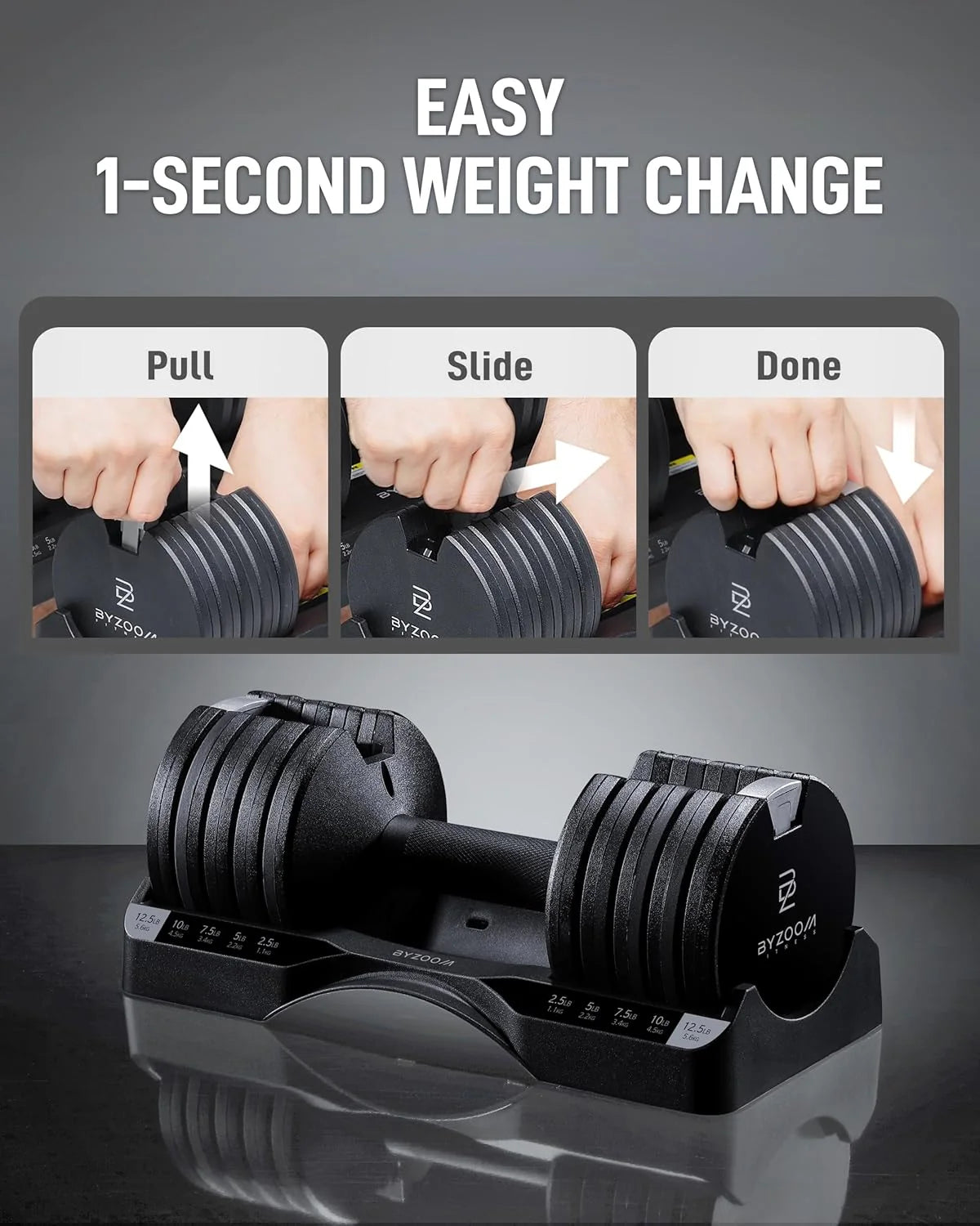 BYZOOM FITNESS Regulowane hantle – 12,5/11,3 kg pojedyncza jednostka LUB zestaw 5-12,7 cm - 1 regulowana waga do domowej siłowni, treningu siłowego i treningów fitness, biały lub czarny