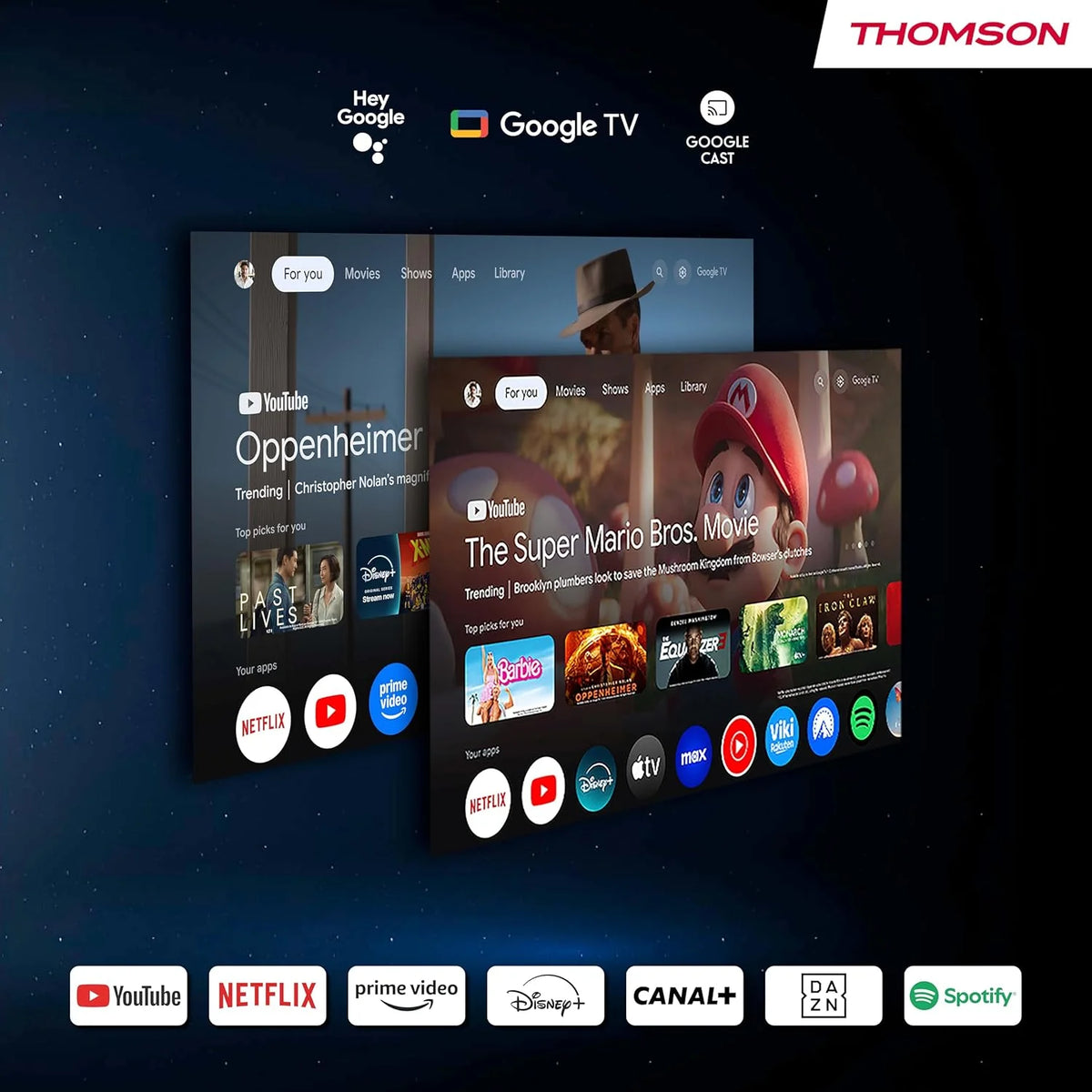 Thomson Sirius PG55B Inteligentny Projektor Laserowy RGB, Bardzo Krótki Rzut, Full HD 1080p, Google TV, 600 ANSI, Autofocus, HDR10+, Dolby Digital+, Bateria, WiFi, Bluetooth