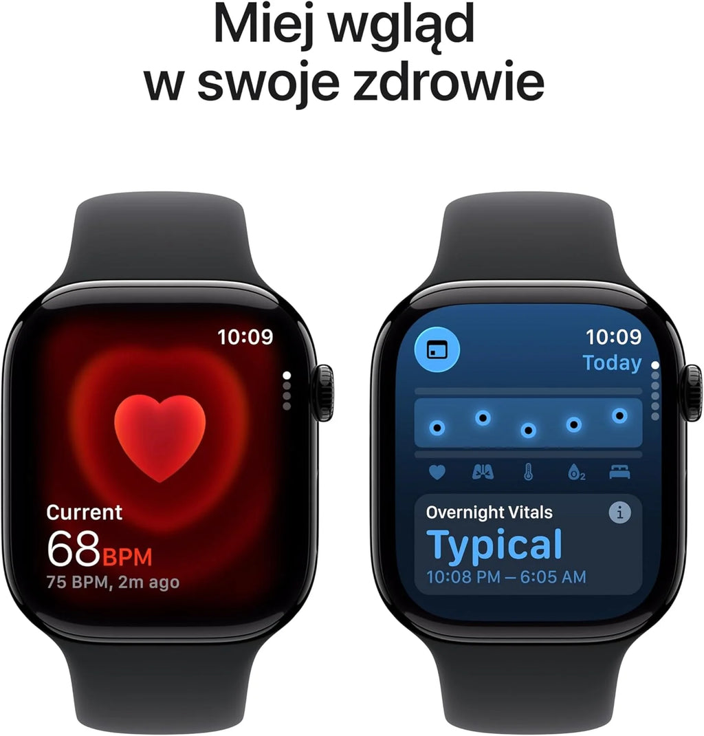 Apple Watch Series 11 GPS 42 mm Smartwatch, koperta z aluminium kolor Niedościgniona czerń, Pasek sportowy kolor czarny - S/M. Wynik snu, monitor fitness, monitorowanie stanu zdrowia