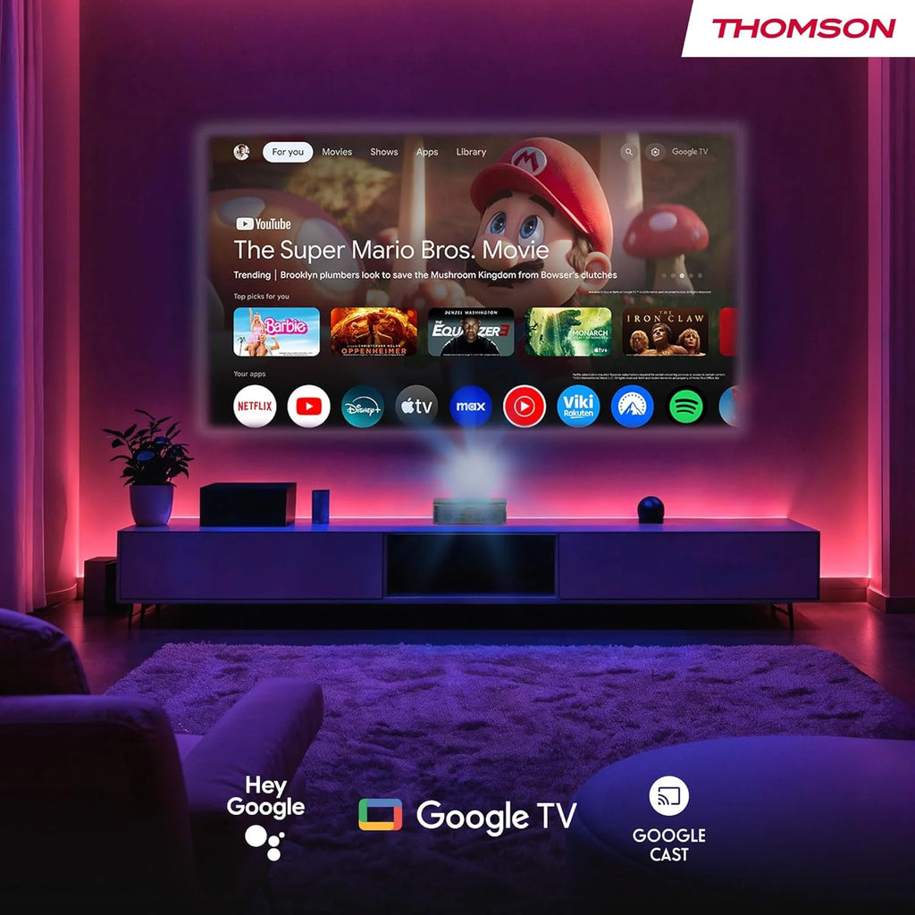 Thomson Sirius PG55B Inteligentny Projektor Laserowy RGB, Bardzo Krótki Rzut, Full HD 1080p, Google TV, 600 ANSI, Autofocus, HDR10+, Dolby Digital+, Bateria, WiFi, Bluetooth