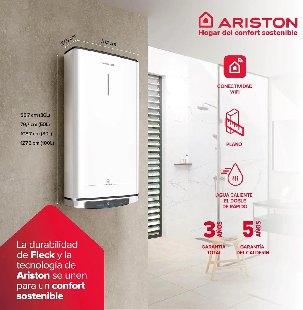 Ariston Velis Pro Wifi - elektryczny podgrzewacz wody, wielopozycyjny elektryczny podgrzewacz wody, elektryczny termos o pojemności 50 litrów, Wi-Fi i funkcja ECO-EVO 79,7 x 27,5 x 51,1 cm, instalacja