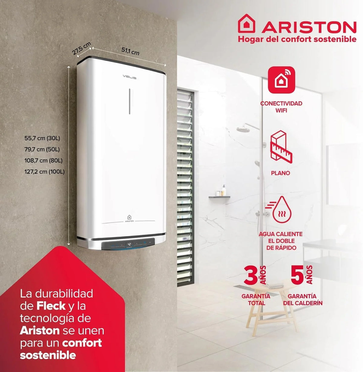 Ariston Velis Pro Wifi - elektryczny podgrzewacz wody, wielopozycyjny elektryczny podgrzewacz wody, elektryczny termos o pojemności 50 litrów, Wi-Fi i funkcja ECO-EVO 79,7 x 27,5 x 51,1 cm, instalacja