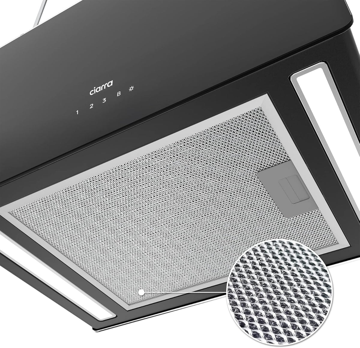 CIARRA CBCB4850 A+++ Okap wyspowy, obiegowy wiszący, 48 cm, 700 m³/h, z inteligentną aplikacją Wi-Fi, 4 poziomy prędkości, funkcja turbo, przednia szyba szklana, w zestawie filtr węglowy CBCF003