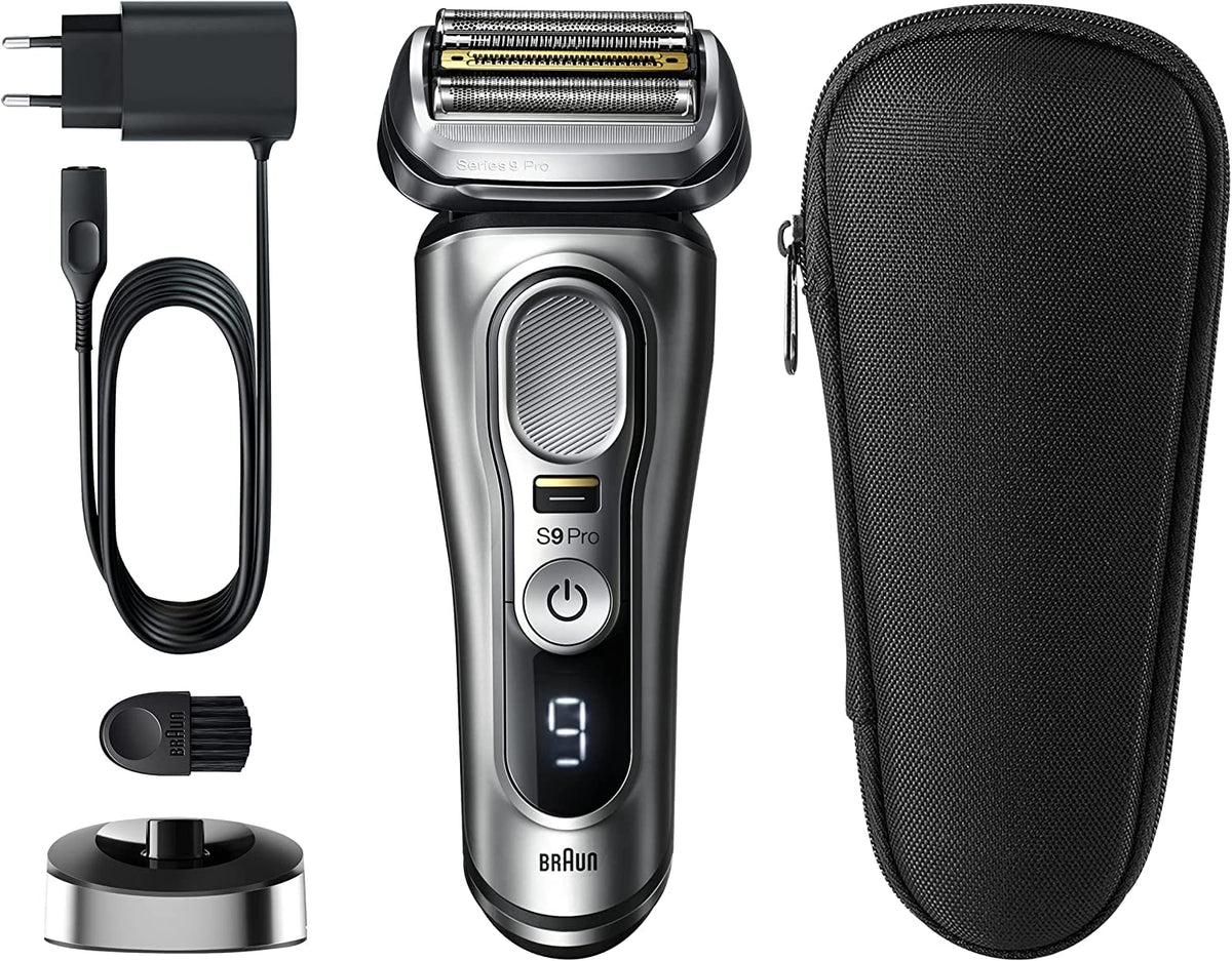 Braun Golarka elektryczna Series 9 Pro z głowicą 4+1, trymerem ProLift, stojakiem ładującym i etui podróżnym, technologia Sonic, wtyczka 2-pinowa brytyjska, 9417s, srebrna golarka, ocena najlepszego