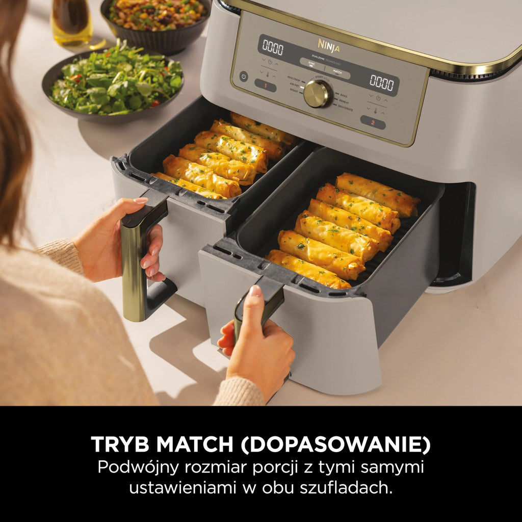 Ninja MAX Dwustrefowa frytkownica, 2 szuflady, 9,5 l, zero oleju, Air Fry, Max Crisp, Roast, Bake, Reheat, Dehydrate, nieprzywierające kosze do mycia w zmywarce, Złoty odcień kamienia, DZ400EUSTGD