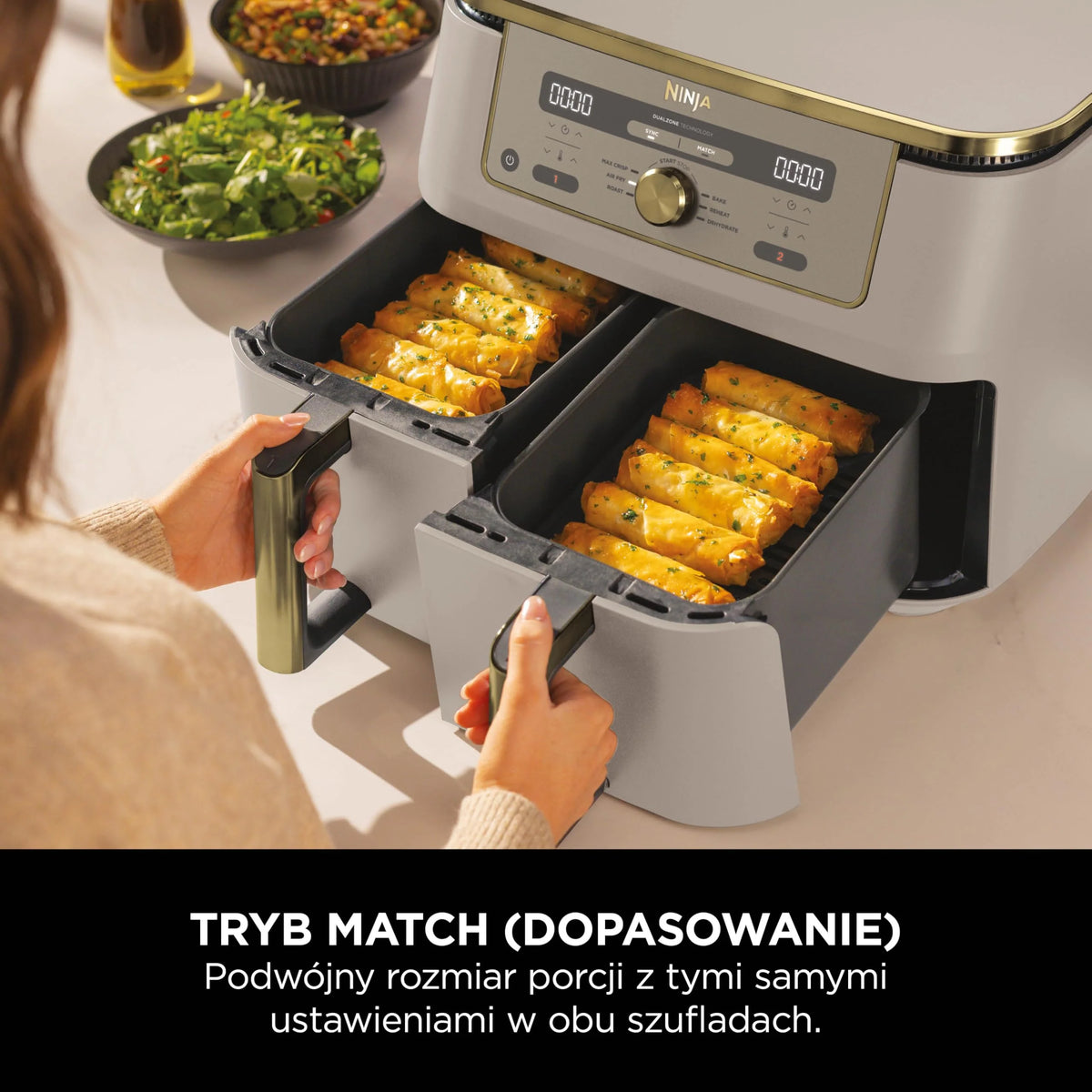 Ninja MAX Dwustrefowa frytkownica, 2 szuflady, 9,5 l, zero oleju, Air Fry, Max Crisp, Roast, Bake, Reheat, Dehydrate, nieprzywierające kosze do mycia w zmywarce, Złoty odcień kamienia, DZ400EUSTGD