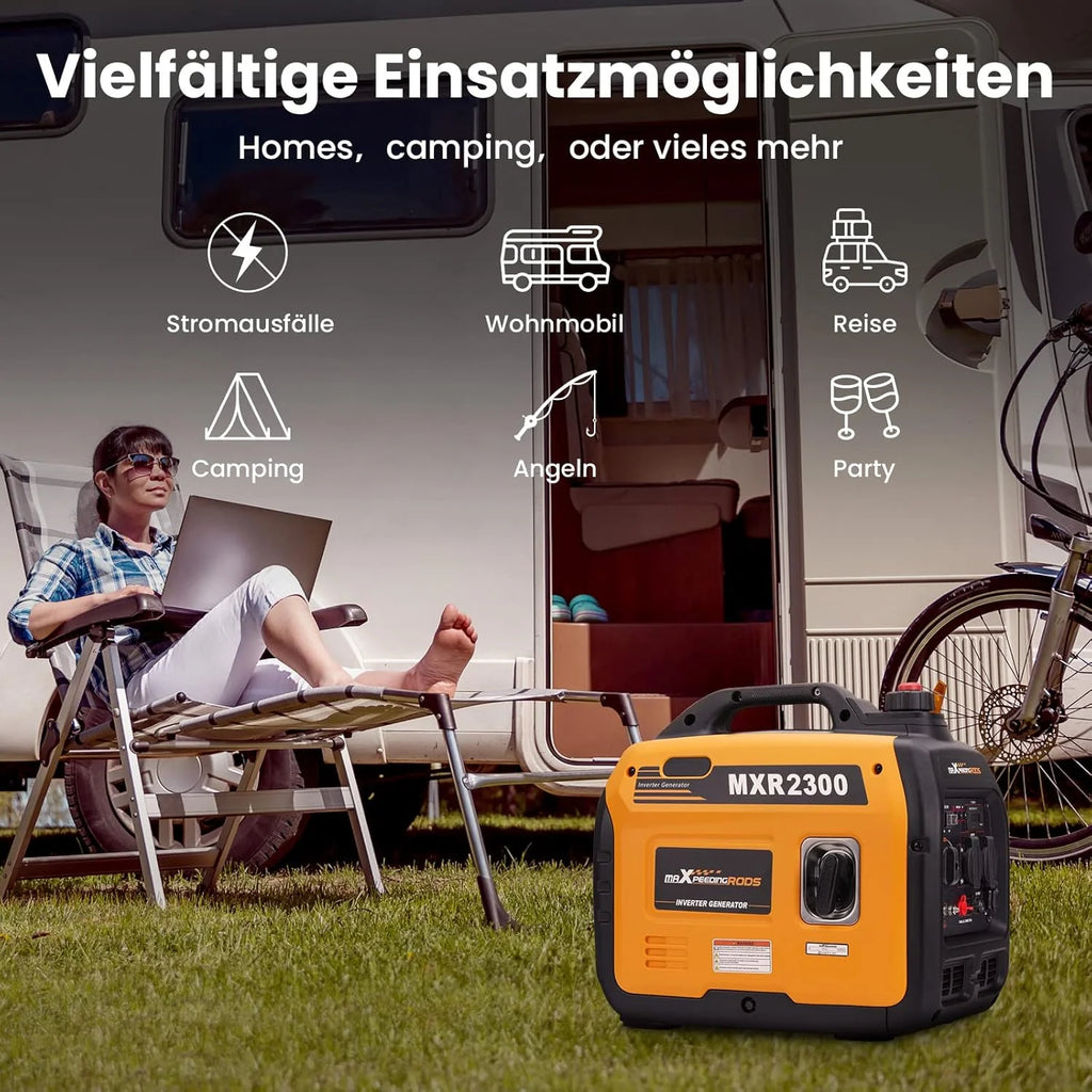 maXpeedingrods inwerterowy agregat prądotwórczy 2300 W, benzynowy, 4-suwowy, z gniazdami USB i napięciem 230 V, super cichy i lekki jako awaryjny agregat prądotwórczy w podróży