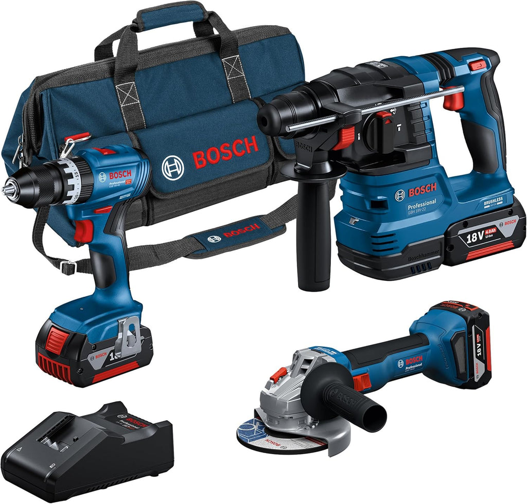 Bosch Professional 18V System Akumulatorowy zestaw Combo: GSB 18V-45 + GBH 18V-22 + GWS 18V-8 (zestaw: 3 akumulatory GBA 18V 4.0Ah, ładowarka GAL 18V-40, torba) – Amazon Exclusive