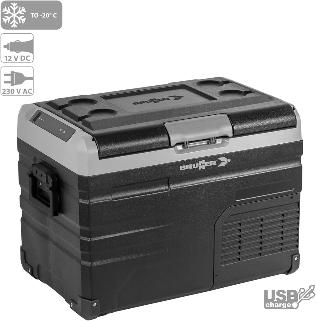 Brunner Polarys Freeze 35 lodówka podróżna z kompresorem, 12/24 V DC – 100/240 V AC, aplikacja do ustawiania temperatury, lodówka i zamrażarka, 35 litrów